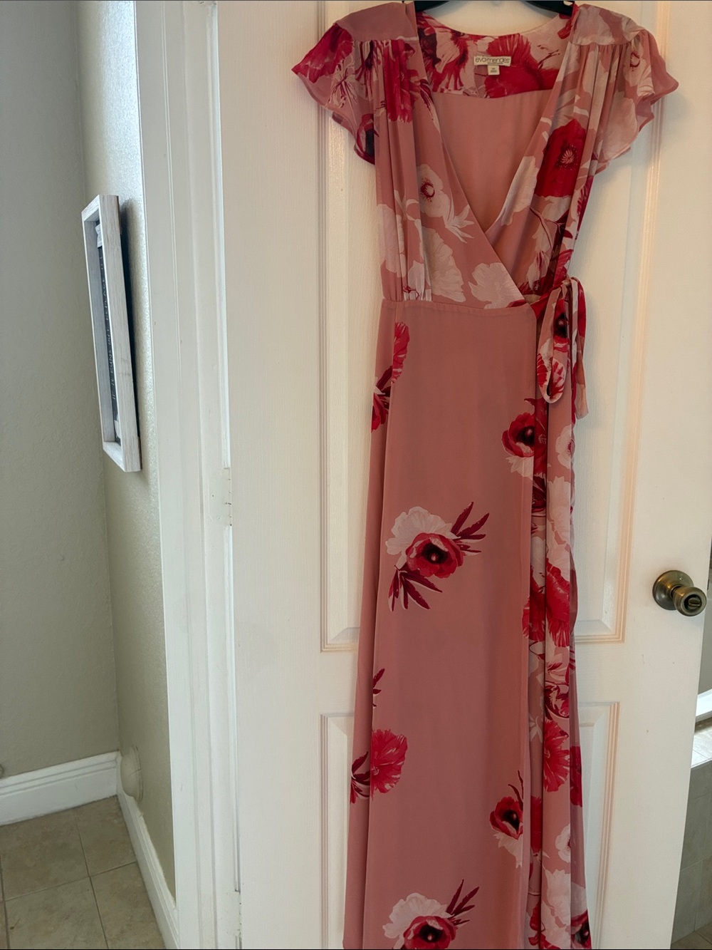 Floral Wrap Maxi Dress in Dusty Rose with Red Blooms